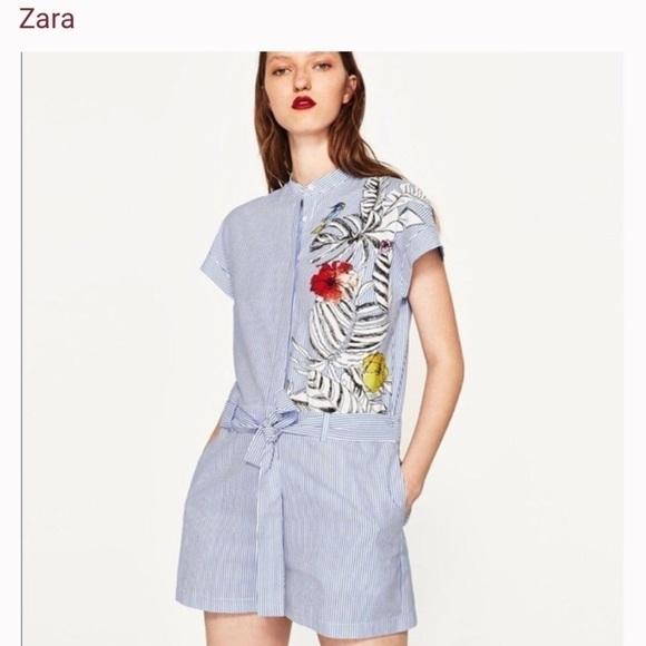 Zara Pants - Zara Basic Floral Blue Striped Romper